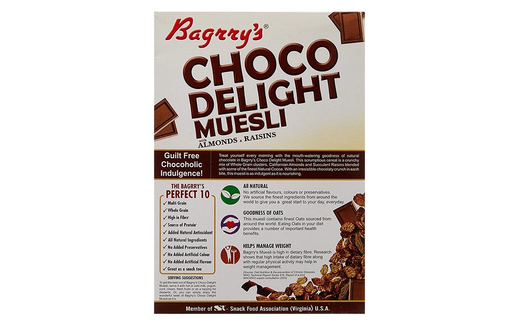 Bagrry's Choco Delight Muesli with Almonds & Raisins   Pack  500 grams